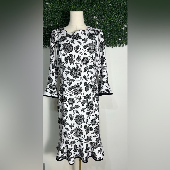 Nanette Lepore Dresses & Skirts - Nanette Lepore White Black Floral 3/4 Bell Sleeve Midi Dress Size 10